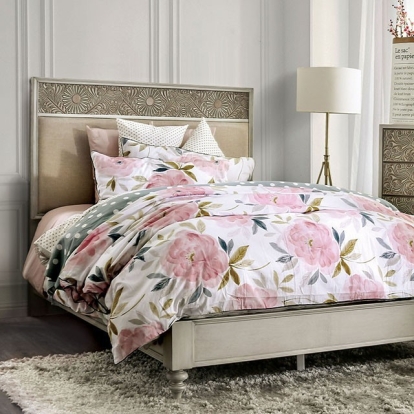 Furniture of America Jakarta Transitional Fabric Solid with Wood Veneer Antique White-Beige Bed Model FOA7882-Queen Bed