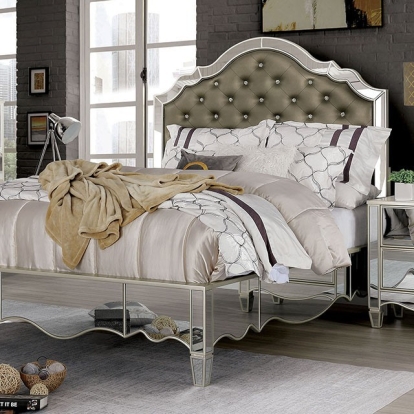 Furniture of America Eliora Glam Leatherette Mirror Resin Solid with Wood Silver Bed Model FOA7890