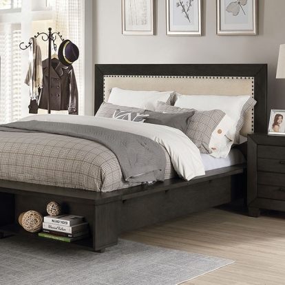 Furniture of America Sligo Transitional Linen-Like Solid with Wood Veneer Dark Gray-Beige Bed Model FOA7893-Queen Bed