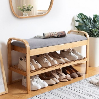Furniture Of America Skipper Contemporary Bamboo, Polyester Natural/Gray Shoe Storage Bench | GM-5002