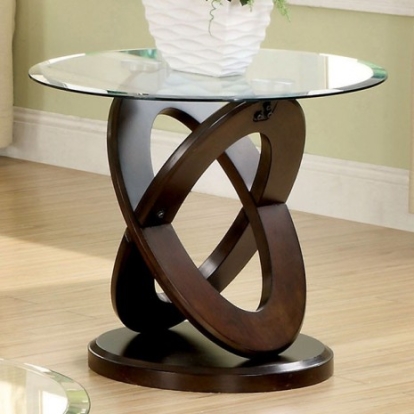 Furniture of America Atwood Contemporary Tempered Glass Solid with Wood Veneer Dark Walnut Round End Table Model CM4401E