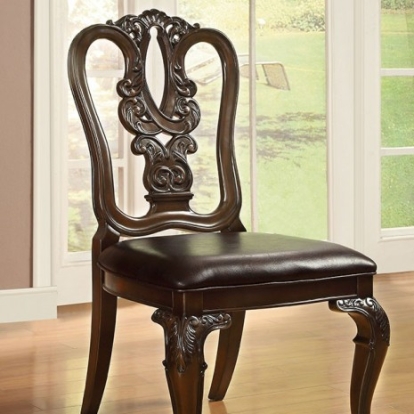 Furniture of America Bellagio Traditional Leatherette Solid with Wood Veneer Brown Cherry-Dark Brown with Wooden Side Chair (2-Box) Model CM3319W-SC-2PK