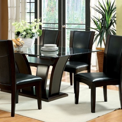 Furniture of America Manhattan Contemporary Leatherette Tempered Glass Solid with Wood Veneer Brown Cherry Dining Table Model CM3710T-TABLE