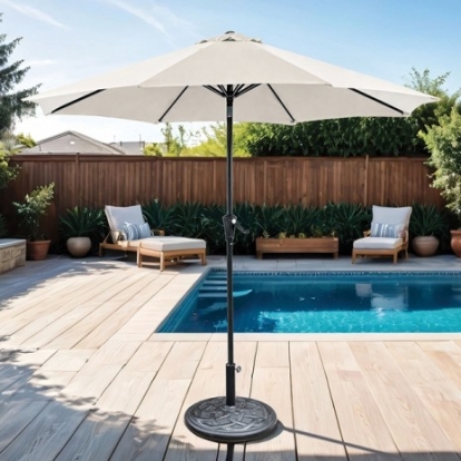 Furniture Of America Tano Contemporary Fabric, Steel, Others Beige 9' Outdoor Umbrella + 21" Round Base | LA-A010SV+BASE
