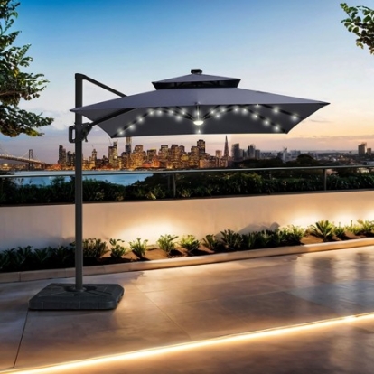 Furniture Of America Xico Contemporary Aluminum, Polyester Fabric Gray 8 Ft Square Umbrella W/ Double Top W/ Led Light + 37" Large Base | LA-A030GY+BASE