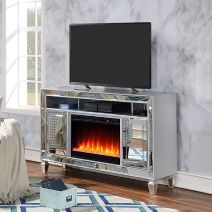 Furniture of America Seginus Glam Engineered with Wood Mirror Pinewood Silver Tv Stand with Fire Place Model NX-5002