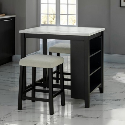 Furniture Of America Chalcedony Transitional Boucle Fabric, Boucle Fabric, Engineered Wood, High-Gloss Paper, Rubberwood, Paper Veneer Black/White/Ivory 3 Pc. Dining Table Set | SL3401BK-PT-3PK