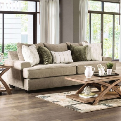 Furniture of America New Meadows Transitional Fabric Leatherette Solid with Wood Ash Green-Ivory Sofa Model SM1213-SF