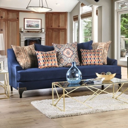 Furniture of America Sisseton Transitional Small Weave Chenille Solid with Wood Navy Sofa Model SM2210-SF