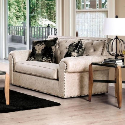 Furniture of America Parshall Transitional Distressed Leather-Like Fabric Solid with Wood Beige-Gold Love Seat Model SM2272-LV