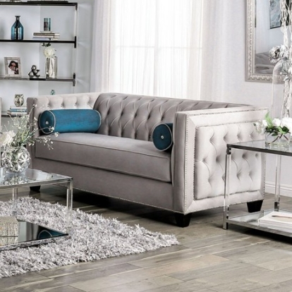 Furniture Of America Silvan Transitional Velvet-Like, Solid Wood, Others Gray Love Seat | SM2283-LV