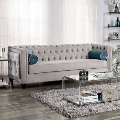 Furniture Of America Silvan Transitional Velvet-Like, Solid Wood, Others Gray Sofa | SM2283-SF