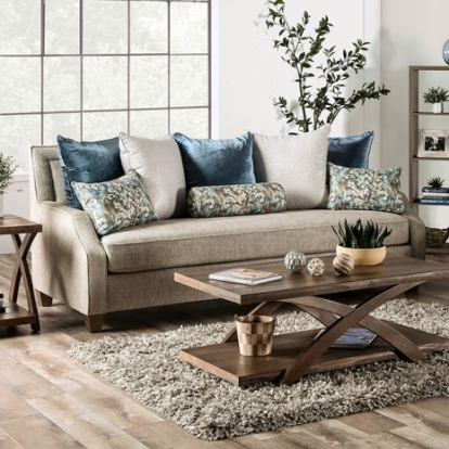 Furniture of America Catarina Transitional Chenille Solid with Wood Beige-Teal Sofa Model SM2287-SF