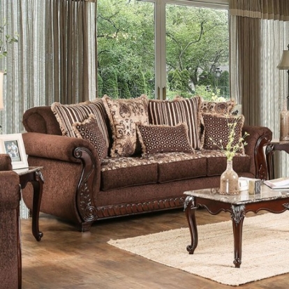 Furniture of America Tabitha Traditional Fabric Leatherette Solid with Wood Brown-Gold Sofa Model SM6109-SF