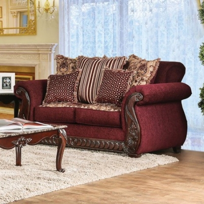 Furniture Of America Tabitha Traditional Fabric, Leatherette, Solid Wood, Others Wine/Gold Love Seat | SM6110-LV