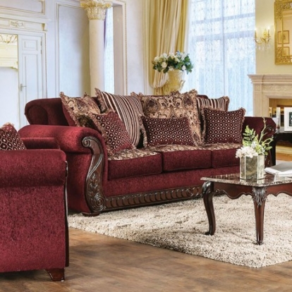 Furniture of America Tabitha Traditional Fabric Leatherette Solid with Wood Wine-Gold Sofa Model SM6110-SF