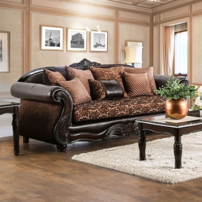 Furniture Of America Elpis Traditional Chenille, Leatherette, Solid Wood, Others Brown/Espresso Sofa | SM6404-SF