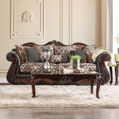 Furniture Of America Jamael Traditional Fabric, Leatherette, Solid Wood, Others Brown/Espresso Sofa | SM6405-SF