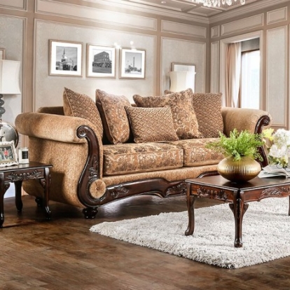 Furniture of America Nicanor Traditional Chenille Leatherette Solid with Wood Tan-Gold Sofa Model SM6407-SF