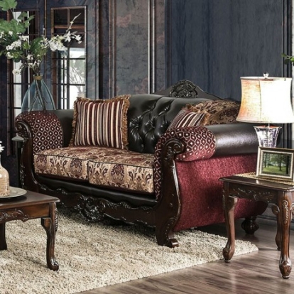 Furniture Of America Quirino Traditional Chenille, Leatherette, Solid Wood Burgundy/Dark Brown Love Seat | SM6415-LV