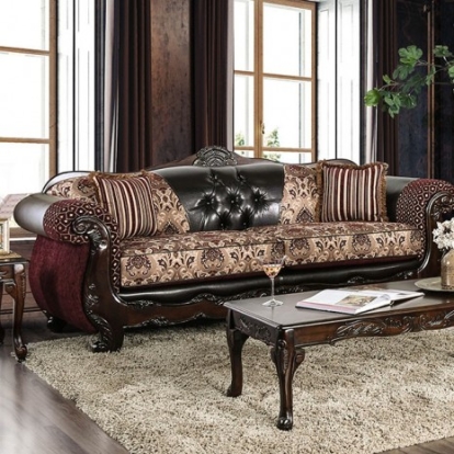 Furniture of America Quirino Traditional Chenille Leatherette Solid with Wood Burgundy-Dark Brown Sofa Model SM6415-SF