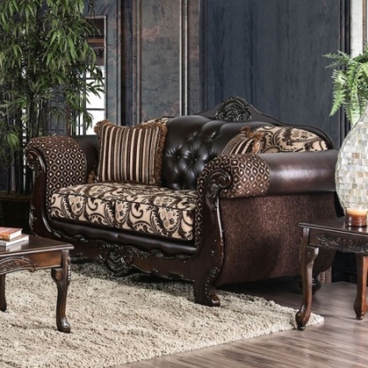 Furniture of America Quirino Traditional Chenille Leatherette Solid with Wood Light Brown-Dark Brown Love Seat Model SM6416-LV