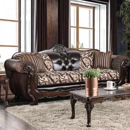 Furniture of America Quirino Traditional Chenille Leatherette Solid with Wood Light Brown-Dark Brown Sofa Model SM6416-SF