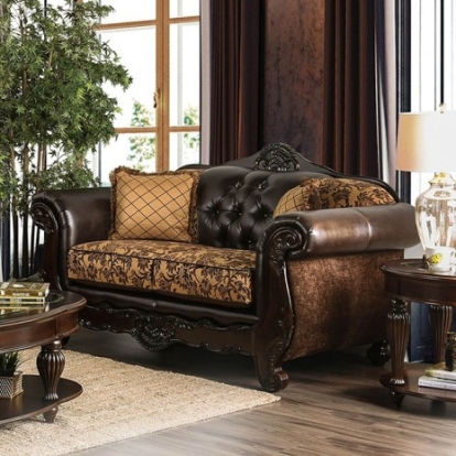 Furniture of America Quirino Traditional Chenille Leatherette Solid with Wood Tan-Dark Brown Love Seat Model SM6417-LV