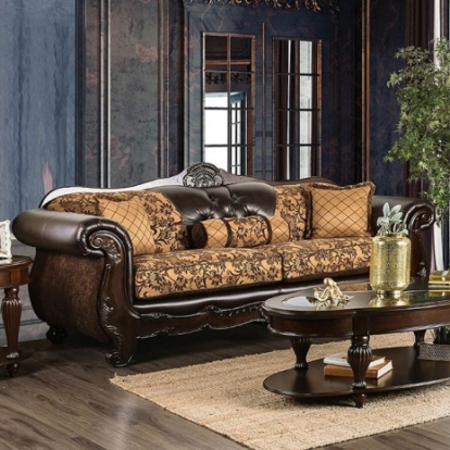 Furniture of America Quirino Traditional Chenille Leatherette Solid with Wood Tan-Dark Brown Sofa Model SM6417-SF