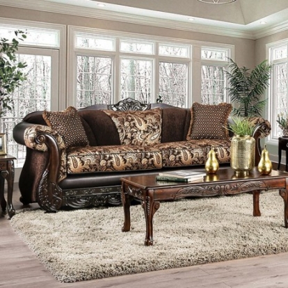 Furniture of America Newdale Traditional Chenille Solid with Wood Brown-Gold Sofa Model SM6427-SF