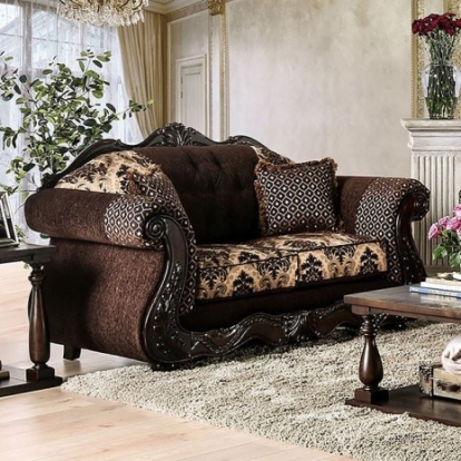 Furniture of America Ronja Traditional Chenille Solid with Wood Dark Brown Love Seat Model SM6431-LV