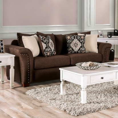 Furniture of America Belsize Transitional Linen-Like Solid with Wood Chocolate-Tan Sofa Model SM6439-SF