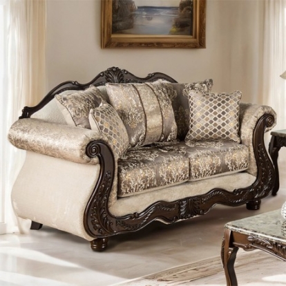 Furniture of America Andalusia Traditional Fabric Foam Pinewood Solid with Wood Light Brown-Dark Cherry Loveseat Model SM6450-LV