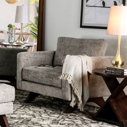 Furniture of America Harlech Mid-Century Modern Chenille with Wood Gray Chair Model SM8004-CH