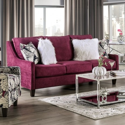 Furniture of America Jillian Transitional Chenille Solid with Wood Plum-Ivory-White Sofa Model SM8016-SF