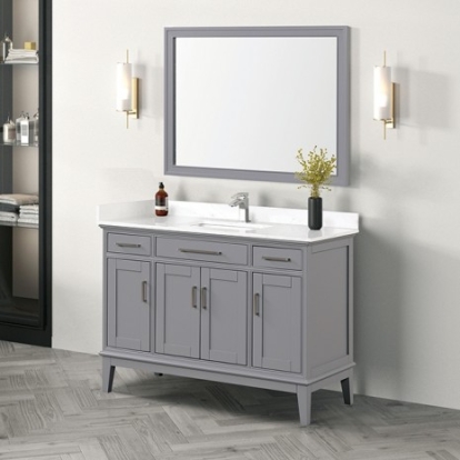 Furniture Of America Soline Transitional Birch, Birch, Engineered Wood, Pinewood, Sintered Stone, Wood White/Gray Vanity Set W/ Mirror | TM-CT003WH-48+03GY+M