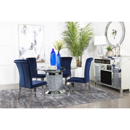 Coaster Ellie 5-piece Cylinder Pedestal Dining Room Set Mirror and Ink Blue Model 115551-S5B
