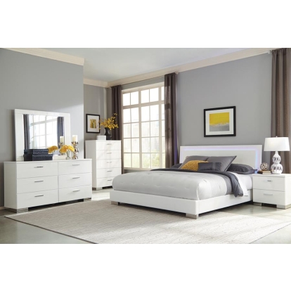 Coaster Felicity 6-piece Bedroom Set Glossy White with LED Bed Headboard Model 203500KE-S6