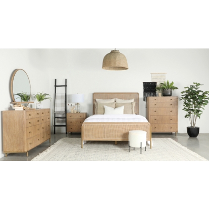 Coaster Arini Upholstered Eastern King Panel Bed Sand Wash and Natural Cane