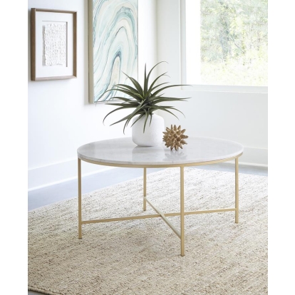 Coaster Ellison Round X-cross Coffee Table White and Gold Model 723208
