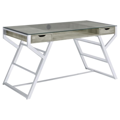 Coaster Emelle 2-drawer Glass Top Writing Desk Grey Driftwood and Chrome Model 882116