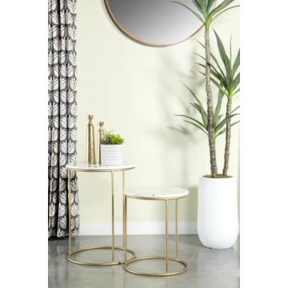 Coaster Vivienne 2-piece Round Marble Top Nesting Tables White and Gold