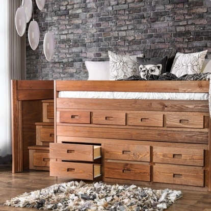 Furniture of America Cleo Rustic Pine with Wood Mahogany Twin Captain Bed Model AM-BK601-BED-SLAT