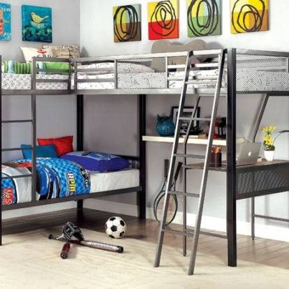 Furniture Of America Ballarat Contemporary Metal, Others Silver L-Shaped Triple Twin Bunk Bed | CM-BK1049