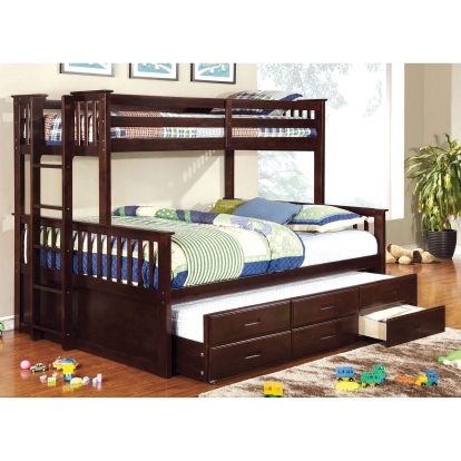 University Dark Walnut Twin/Queen Bunk Bed with Trundle Model CM-BK458Q-EXP-BED-TR by Furniture of America