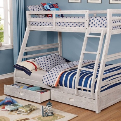 Furniture Of America California Transitional Solid Wood, Wood Veneer, Others Wire-Brushed White Bunk Bed | CM-BK588BWH-BED