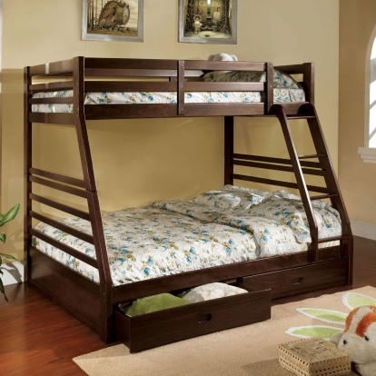 California Dark Walnut Twin/Full Bunk Bed with 2 Drawers Model CM-BK588EX-BED by Furniture of America