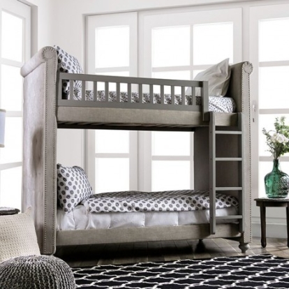 Furniture of America Sascha Transitional Linen-Like Solid with Wood Gray Twin-Twin Bunk Bed Model CM-BK718-BED