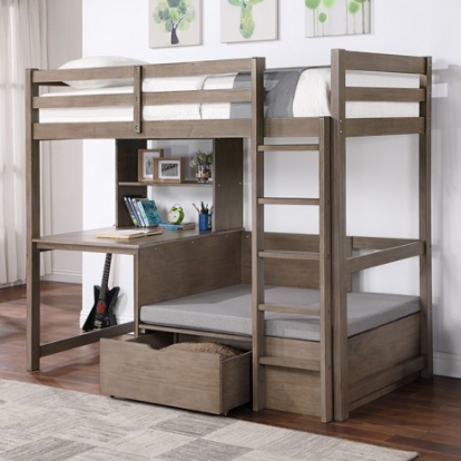 Furniture Of America Callistus Transitional Fabric, Solid Wood, Wood Veneer, Others Warm Gray Twin/Workstation Loft Bed | CM-BK828GY-BED