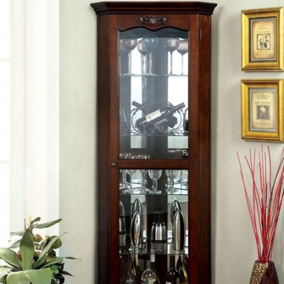 Furniture of America Ortley Traditional Tempered Glass Solid with Wood Veneer Walnut Curio Model CM-CR133